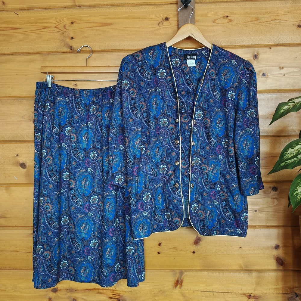Vintage Retro Jenny USA Stretch Midi Skirt Set Paisley Damask Blouse Plus Sz 18W
